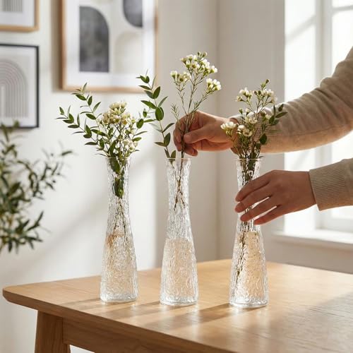Glass Bud Vases Bulk 12 Pcs - Clear Ribbed Wedding Centerpiece Vases, Small Flower Vases for Table Decor, Party Events & Home Decor