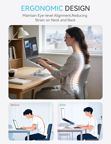 SOUNDANCE 360 Rotating Laptop Stand, Ergonomic Computer Riser for Desk, Adjustable Height Multi-Angle Metal Holder, Foldable Portable Notebook Elevating Base for Office & Home, Silver Grey - color: Silver Grey