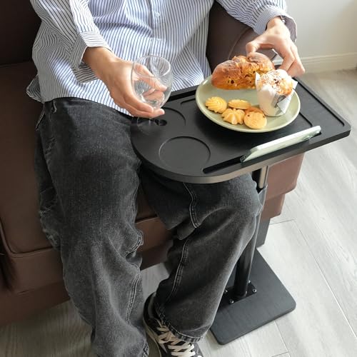 YUHFERA 360° Rotatable Sofa Tray Table for Couch Arm - Height Adjustable End Table for Bed or Chair with Phone & Tablet Slots, TV Tray Table, Side Table Tray for Small Spaces（Black,Arc） - color: Black