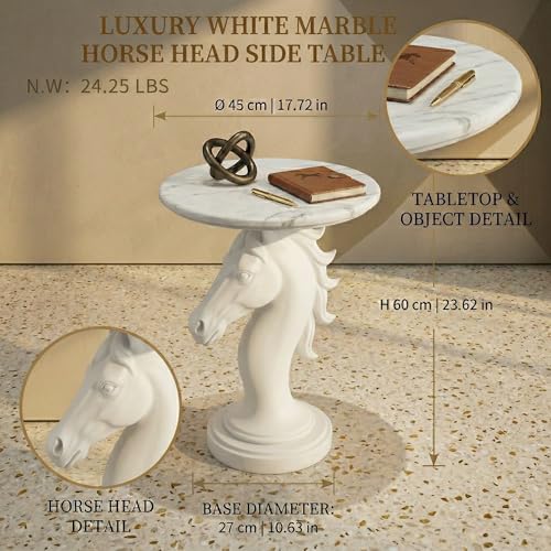 Modern Horse Statue Side Table - Round Faux Marble Top Accent Pedestal with Sculpture Base for Entryway & Living Room, White - color: White Horse