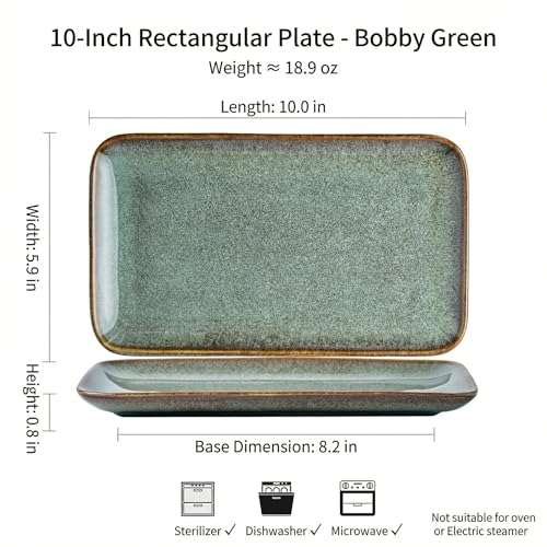 10 Inch Green Ceramic Rectangular Serving Platter, Reactive Glaze Serving Tray for Dinner, Appetizer, Sushi, Vanity Organizer, Perfume Tray, Microwave & Dishwasher Safe