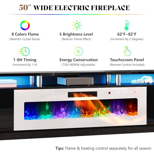 AMERLIFE 90" 2 Tier Fireplace TV Stand with 50" Fireplace, Modern Large Entertainment Center LED Lights, Media Console Table Storage Cabinet for TVs Up to 100", Living Room, Black & White - color: Black & White, size: 90"