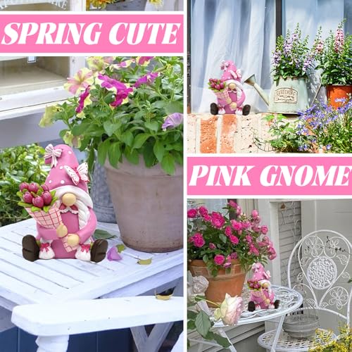 Spring Gnomes Decorations for Home Office- Pink Resin Garden Gnomes with Butterfly Tulip Tiered Tray Decor- Spring Mother's Day & Retirement Gifts - color: Pink