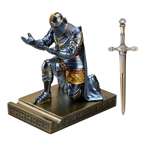 King's Guard Leader Cloak Warrior Knight Pen Holder Mobile Phone Stand, Ornament Knight Statue, Pen Stand Paperweight for Office and Home (Blue) - color: Blue