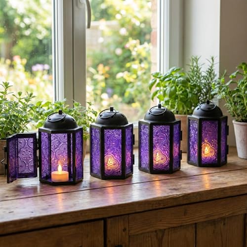 VELA LANTERNS Mini Moroccan Tea Light Candle Holder Lanterns – 4.25" Small Decorative Lantern for Table or Hanging, Metal with Glass Panels – Ramadan, Wedding, Home Decor, Royal Purple (Set of 4) - color: Royal Purple