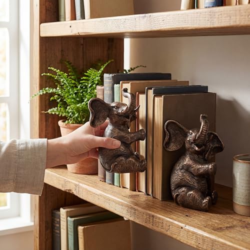 Elephant Bookends with Non-Slip Padding - Heavy Duty Book Ends for Shelves - Gold Decorative Bookend Unique - Vintage Animal Holders for Heavy Books - Living Room Bookshelf Decor - 4 x 4 x 7 Inches
