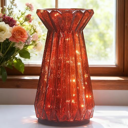 Home Decor, Mercury Glass Pillar Candle Pedestal Holders with 10 Led Lights, Lighted up Candle Holders for Pillar Candle, Glass Candlestick Holders with Timer for Wedding Home Dining Table Xmas (Red) - color: Red
