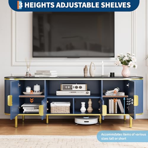 Luxury 70 in Fluted TV Stand with Faux Marble Top, Entertainment Center for TVs Up to 80 in, Wood Media Console with Curved Profile Sliding Doors and Adjustable Shelves for Living Room- Navy Blue - color: Navy Blue