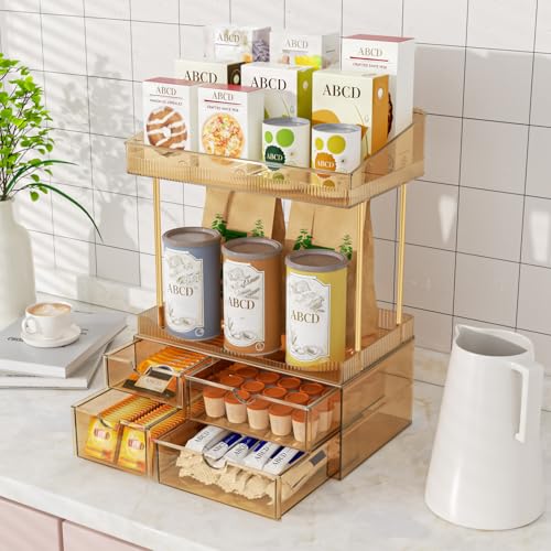 SNSLXH 4 Drawers Makeup Organizer - 4 Tier Makeup Storage, Cosmetics Organiser, Ideal for Cosmetic, 4 Dividers with Drawers for Countertop, Bathroom, Office Supplies, Dresser Transparent Tawny - color: Tawny