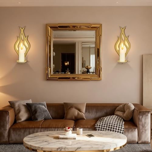 Wall Candle Sconces Set of 2, Modern Minimalist Metal Candle Holders for Pillar, Tealight, and LED Candles, Flame-Shaped Decorative Wall Decor for Living Room Dining Room (Golden Tan) - color: Golden Tan Flame-shaped