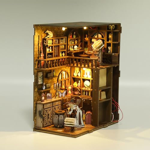 Book Nook Kit - DIY Miniature Dolls House Kit with Furniture and LED Light, 3D Puzzle Wooden Art Bookends, Model Kits for Adults and Teens (Magic Night)