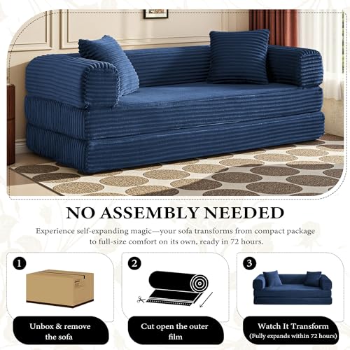Boneless Couch Versatile Couches for Living Room No-Install Sofa Bed Corduroy Futon Soft Cloud Couch with Pillows for Bedroom Game Movie (Dark Blue, 76") - color: Dark Blue