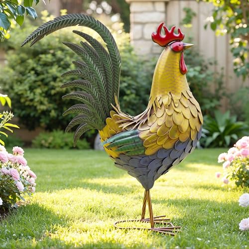 32" Oversized Metal Rooster Statues, Large Outdoor Decor, Metal Chicken Sculpture for Backyard Patio Kitchen Decor - color: 32"h-xl Rustic Yellow Rooster