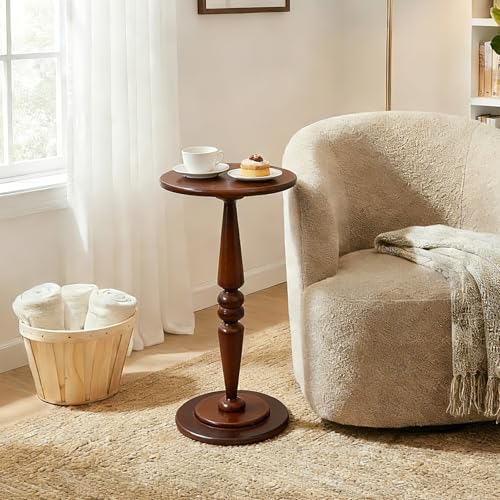 SwallowLiving Round Pedestal Side Table – Solid Pine Wood Drink Table for Small Spaces, 25" Tall Narrow End Table for Living Room & Bedroom, Vintage Brown Accent Furniture (12" Diameter) - color: Brown Spindle