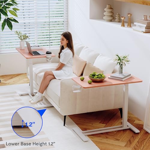 FLEXISPOT H7 Adjustable Overbed Bedside Table with Wheels Pneumatic Mobile Standing Desk Laptop Desk Rolling Computer Cart Movable Overbed Table Hospital Home Use(27.6" W x 15.7" D, Pink) - color: Pink, size: Small
