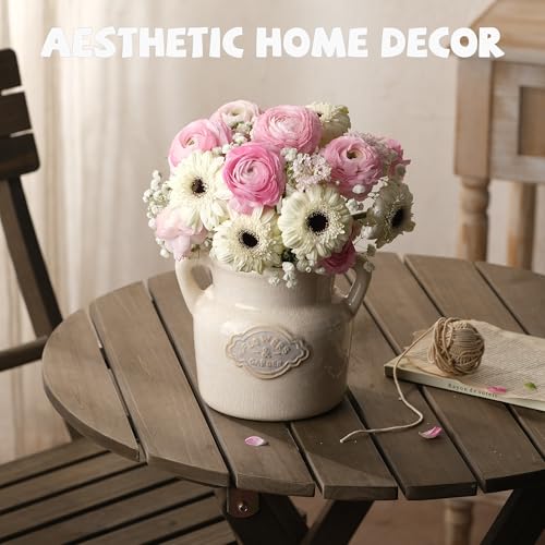 Rustic White Ceramic Vase, 5.8 Inch Vintage Flower Vases with Handle, Farmhouse Distressed Decorative Vases for Home Decor, Wide Mouth Vase for Living Room Bedroom Table Shelf Decorations - color: White