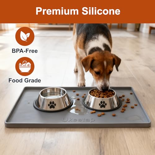 ukeetap Extra Thick Silicone Mat Waterproof with Raised Edge 19” x 12”, BPA Free Non-Slip Dog & Cat Food Mat, Feeding Mat for Food and Water Bowls, Spill Proof Mat to Protect Floors, Gray - color: Gray, size: 19" x 12"
