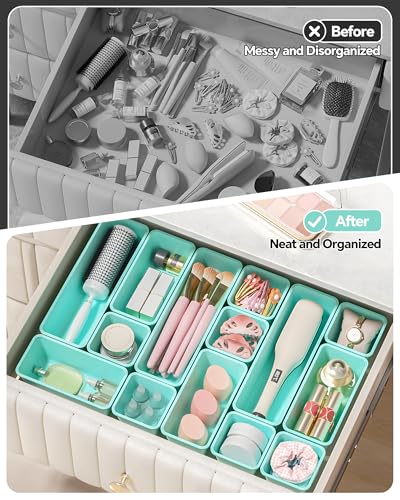Canfanni 13 Pack Plastic Drawer Organizers Set, 3 Sizes Desk Drawer Organizer Trays for Vanity and Makeup Organizer, Organization and Storage for Makeup, Kitchen Utensils, Bathroom and Office(Blue) - color: Blue