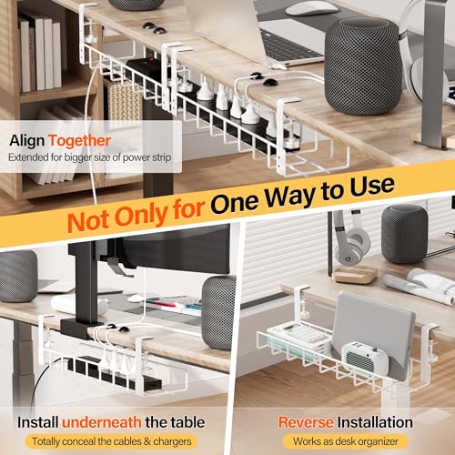 2 Pack Under Desk Tray, 31.4" No Drill Wire Management with Upgraded Clamp, Metal Cord Organizers for Desk, PC Cable Rack, White - color: White, size: 2 Pack (Standard)