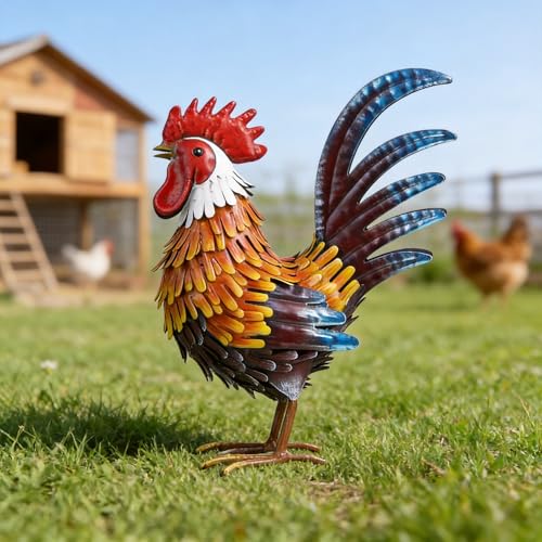 Shorayn Rooster Garden Statue Metal Chicken Yard Art Decor Outdoor Sculpture Figurines