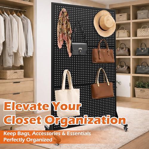 Royxen 3.5 x 6 Feet Metal Pegboard with 50 Hooks, Peg Board Display Stand with Wheels, Large Standing Pegboard Displaywith T-Base Art Display Stand for Retail Stores Exhibitions Homes (Black) - color: Black