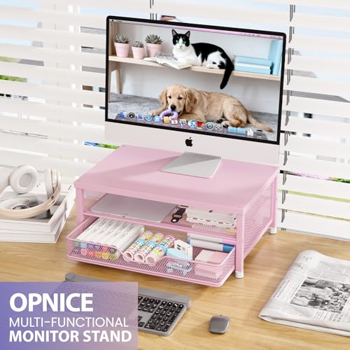 OPNICE Computer Monitor Stand Riser, Desk Organizer with Drawer, Laptop Stand, Office Desk Accessories & Workspace Desktop Organizers Storage for Office Supplies(Pink) - color: Pink