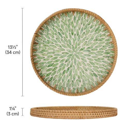 StorageWorks Decorative Coffee Table Trays for Home Decor, Round Rattan Tray with Mother of Pearl Inlay, Large Wicker Woven Serving Tray Decor for Kitchen Counter,Living Room and Ottoman, Green - color: Green Leaf, size: 13.4"
