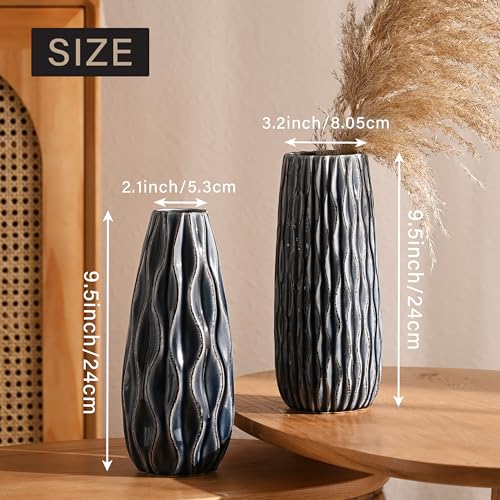 VICTOR & TERESA Ceramic Vase for Flowers, 10'' Set of 2 Decorative Blue Vases for Home Decor, Farmhouse Vases for Pampas Grass, Table, Mantel, Living Room, Shelf, Centerpieces, Gifts for Mom - color: Blue, size: Large