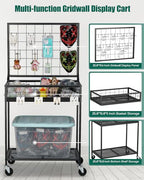 AHOWPD Grid Wall Panels Display Cart - Rolling Heavy Duty Metal Wire Grid Wall Display Stand Rack with 10 Hooks & 10 S Hooks for Craft Shows, Retail Art Fair and Flea Market (Black Cart, 1 pc) - color: Black Cart