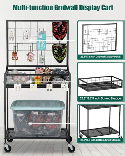 AHOWPD Grid Wall Panels Display Cart - Rolling Heavy Duty Metal Wire Grid Wall Display Stand Rack with 10 Hooks & 10 S Hooks for Craft Shows, Retail Art Fair and Flea Market (Black Cart, 1 pc) - color: Black Cart