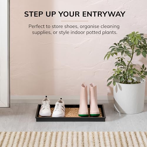 Anji Mountain Heavy Duty Waterproof Rubber Shoe Storage Mat Organizer/Boot Storage Tray Multi Use for Entryway with Coir, Tan and Khaki Insert, Fits 2 Pair (24.5" Wide) - color: Tan and Khaki Insert, size: 24" x 14" x 1.5"