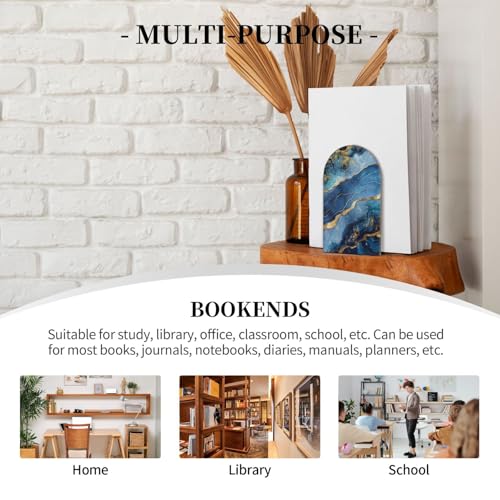 Bookends Blue Marble Book Ends for Shelves Abstract Bookends for Heavy Books, Book Stopper Organizer Book Shelf Holder for Home Office 2 Pcs