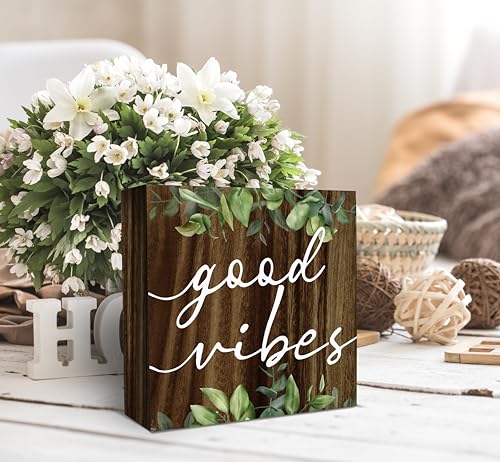 SRADMO Inspirational Green Botanical Eucalyptus Leaves Wood Box Sign Desk Decor, Rustic Eucalyptus Leaves Wooden Block Box Sign Decor for Home Office Shelf Table Decorative Accessories - color: brown, size: 5″×5″