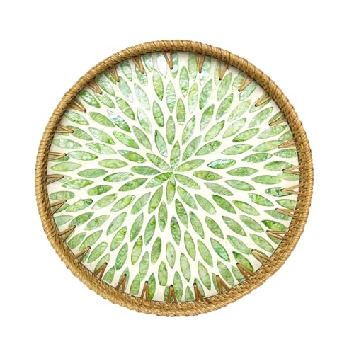 Round Rattan Tray with Mother of Pearl Inlay, Decorative Rattan Serving Tray for Home Boho Decor, Coffee Table, Bread, Food, Tea Ottoman Trays, Fruit Wicker Basket,100% Natural Materials Green- 12" - color: Green, size: 12"