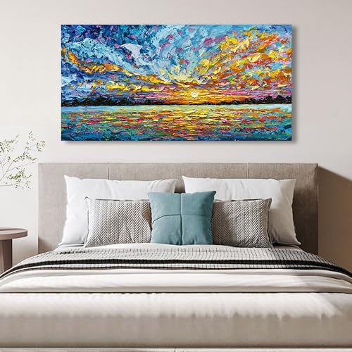 Art 30x60 Inch Hand-Painted Sea Sunrise Landscape Modern Abstract Oil Painting Large Canvas Art Hall Bedroom Office Wall Decoration - color: Yi048