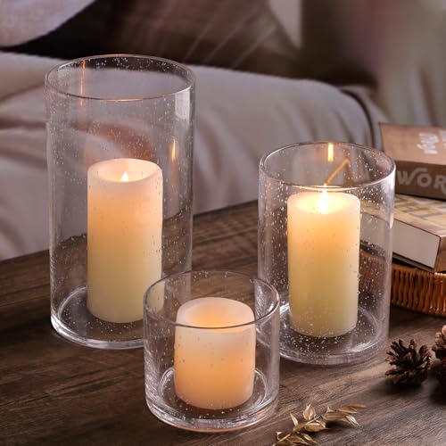 Large Hurricane Candle Holder Set of 3 Clear Candle Holders for Pillar Candles, Seeded Bubbles Glass Candle Holder for Table Centerpiece, Glass Cylinder Vases for Home, Patio and Wedding 10" 7" 4" H - color: Clear, size: Large