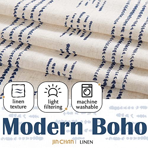 jinchan Boho Kitchen Curtains Linen Tier Curtains 24 Inches Bohemian Cafe Small Drapes Striped Mudcloth Farmhouse for Bathroom RV Camper Light Filtering Rod Pocket 2 Panels Blue on Beige - color: Boho Blue on Beige, size: 26"W x 24"L (Pack of 2)