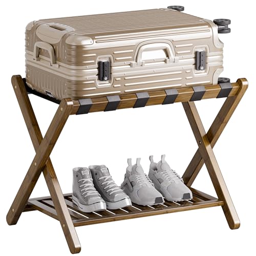 SMIBUY Luggage Rack, Foldable Bamboo Suitcase Stand with Storage Shelf for Guest Room, Bedroom, Hotel, Heavy-Duty, 1 Pack (Walnut) - color: Walnut