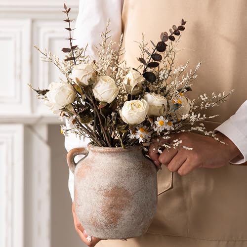 Ceramic Flower Vase Home Decor - 6 Inch Farmhouse Rustic Table Vases with Handle Living Room Decoration Decorative Vintage Pottery for Kitchen Shelf Coffee Dining Bookshelf Fireplace Centerpiece - color: 6" Retro