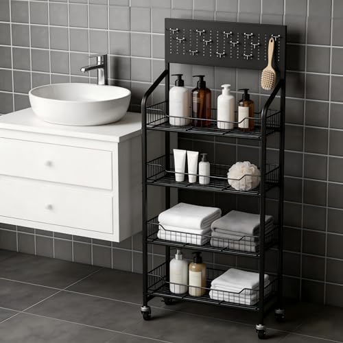 4-Tier Metal Display Rack Large Snack Shelving Unit with Hanging Panels and 12 Hooks 4 Casters for Easy Mobility Freestanding Display Unit Ideal for Supermarkets and Retail Stores (55H*23.68W*10.4D) - size: 55H*23.68W*10.4D