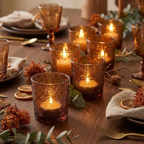 12 Pack Hummingbird Embossed Glass Candle Holders – Votive Tealight Holders with Patent Design, Decorative Embossed Glass Cups for Wedding Centerpieces, Parties, and Home Décor (Chestnut Brown) - color: Chestnut Brown