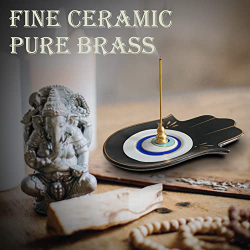 Ceramic Hamsa Hand Incense Holder - 2 in 1 Brass Incense Holder for Sticks and Coil Incense- Zen Decor with Hand of Fatima Design Protection from Evil - 6.2" L X 4.5" W (Blackeye) - color: Blackeye