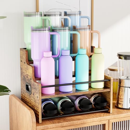 KLM 4-Tier Wood Display Shelf, Black Modern Bottle Organizer, Countertop Bar Stand for Liquor, Coffee Syrup, (Brown) - color: Brown