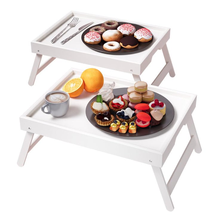 Fibogollo 2 Pack Bamboo Bed Tray Table with Folding Legs,Breakfast Trays,Serving Tray for Food and Snack,Laptop Trays for Working(White) - color: White, size: 2 PC