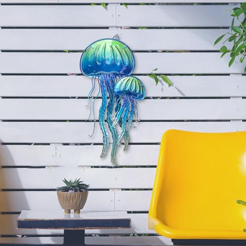 JOYBee Ocean Jellyfish Wall Art Decor-Sea Life Nautical Home Hanging Decor-Glass&Metal Jellyfish Decoration for Pool,Beach,Patio,Living Room,Bathroom,Boat, Coastal Decorations(17inch) - color: Blue Jellyfish