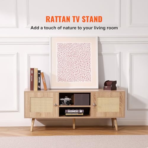 VEVOR Rattan TV Stand, Boho TV Cabinet for 55 inch TV, Mid Century Modern TV Stand, Rattan TV Console with Adjustable Shelfs for Living Room, Media Room, Oak - color: Oak, size: for 55" TVs