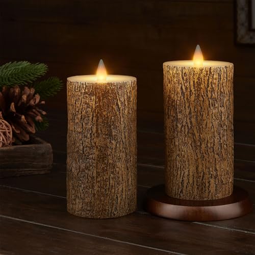Brown Bark Wax Flameless Pillar Candles with Remote Timer, 3D Moving Flame Led Candles up to 400 Hours with 2AA Batteries, Set of 2(3''x6''), Remote Included (Brown). - color: Brown