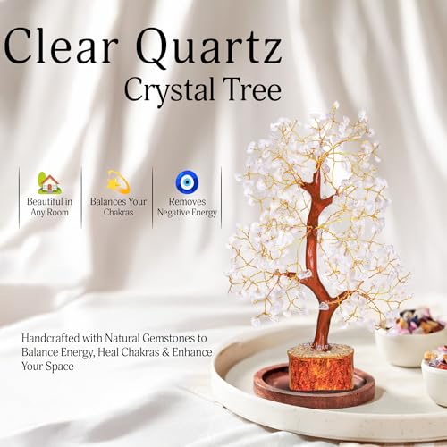 YATSKIA Clear Quartz Crystal Tree for Home Decor, Handmade Gemstone Tree for Positive Energy, Good Luck Birthday Gifts for Women - color: Clear Quartz Golden Wire