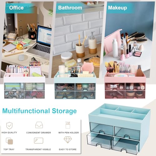 Meiikun Desk Organizer, Office Organizer with Drawer, Desk Accessories & Workspace Organizers, Pen Holder Office Supplies for Desk (4 Drawers+4 Compartments, Blue) - color: 4 Compartments + 4 Drawer (Blue)