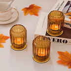 Vixdonos Glass Hurricane Tealight Candle Holder with Metal Candle Stand,Set of 3 Modern Windproof Votive Candle Holders for Wedding Party Table Centerpiece Outdoor,Amber - color: Amber